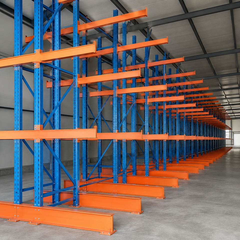 Heavy Duty Cantilever Racking System Single-Sided H-Beam Base for Industrial Timber and Pipe Storage Hub