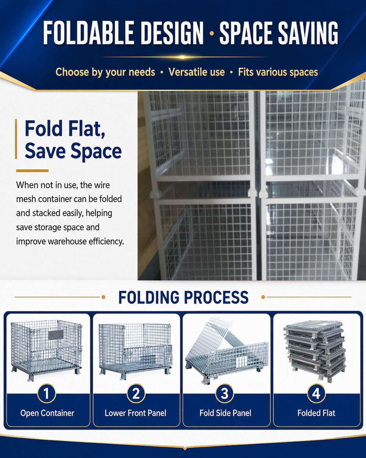 Durable Stillage Cage Heavy Duty Foldable Powder Coated for Industrial Scrap and Parts Warehouse Hub