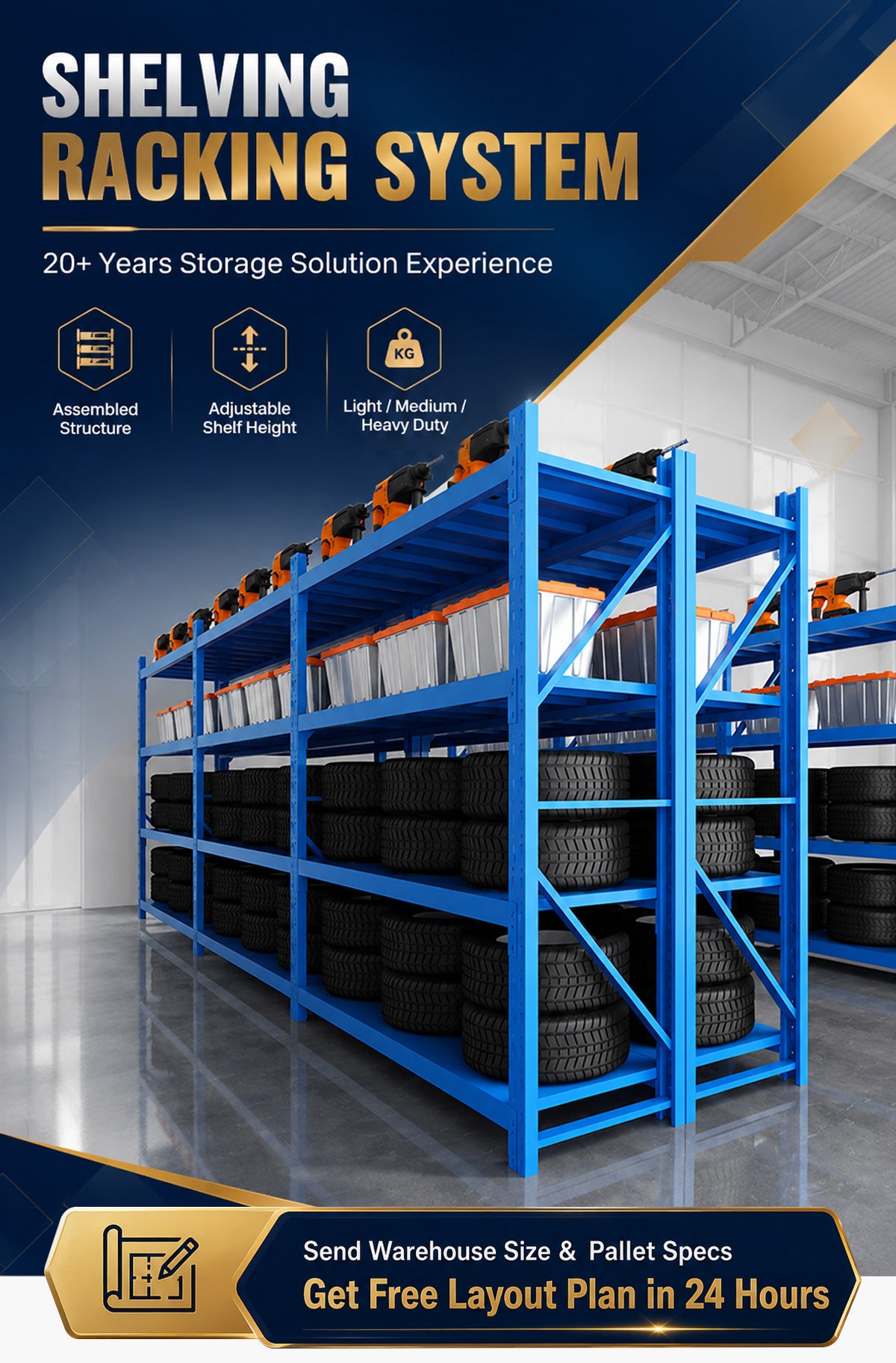 Advanced Rugged Shelves for Tires Stackable Multi-tier for Warehouse Logistics Management System