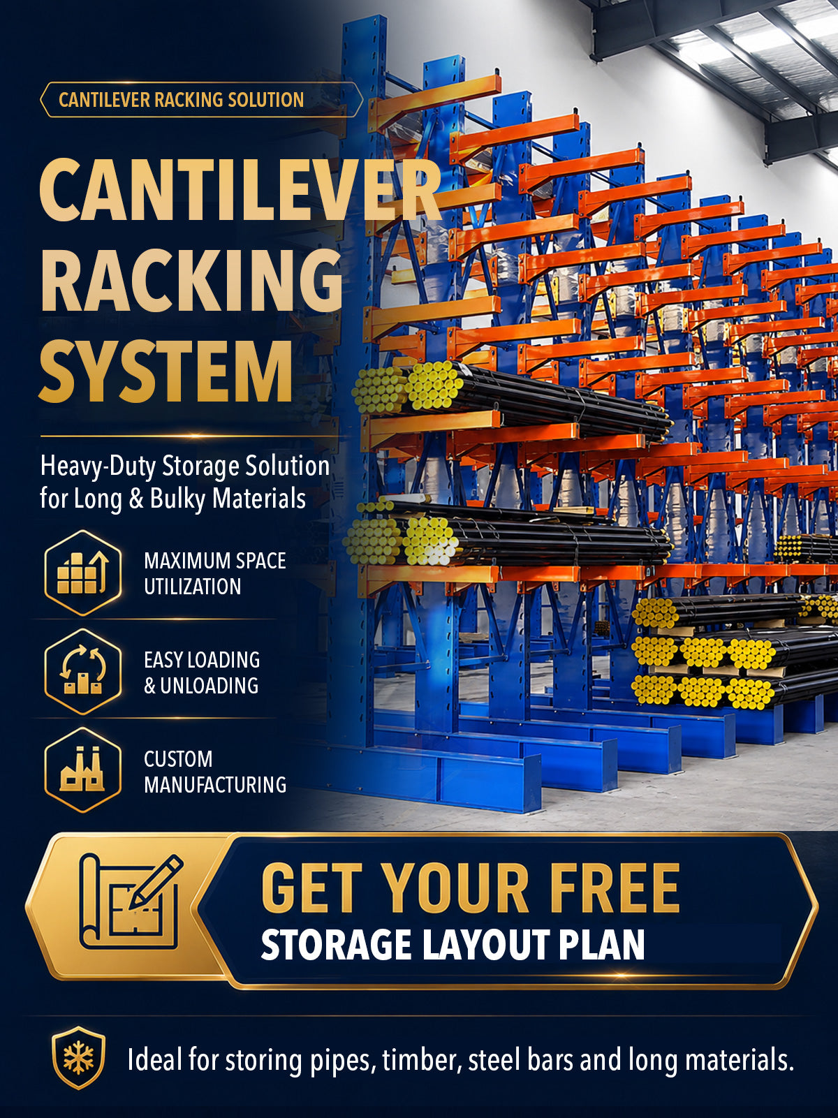Robust Cantilever Racking System Rigid Frame for Industrial Timber and Pipe Distribution Warehouse Center
