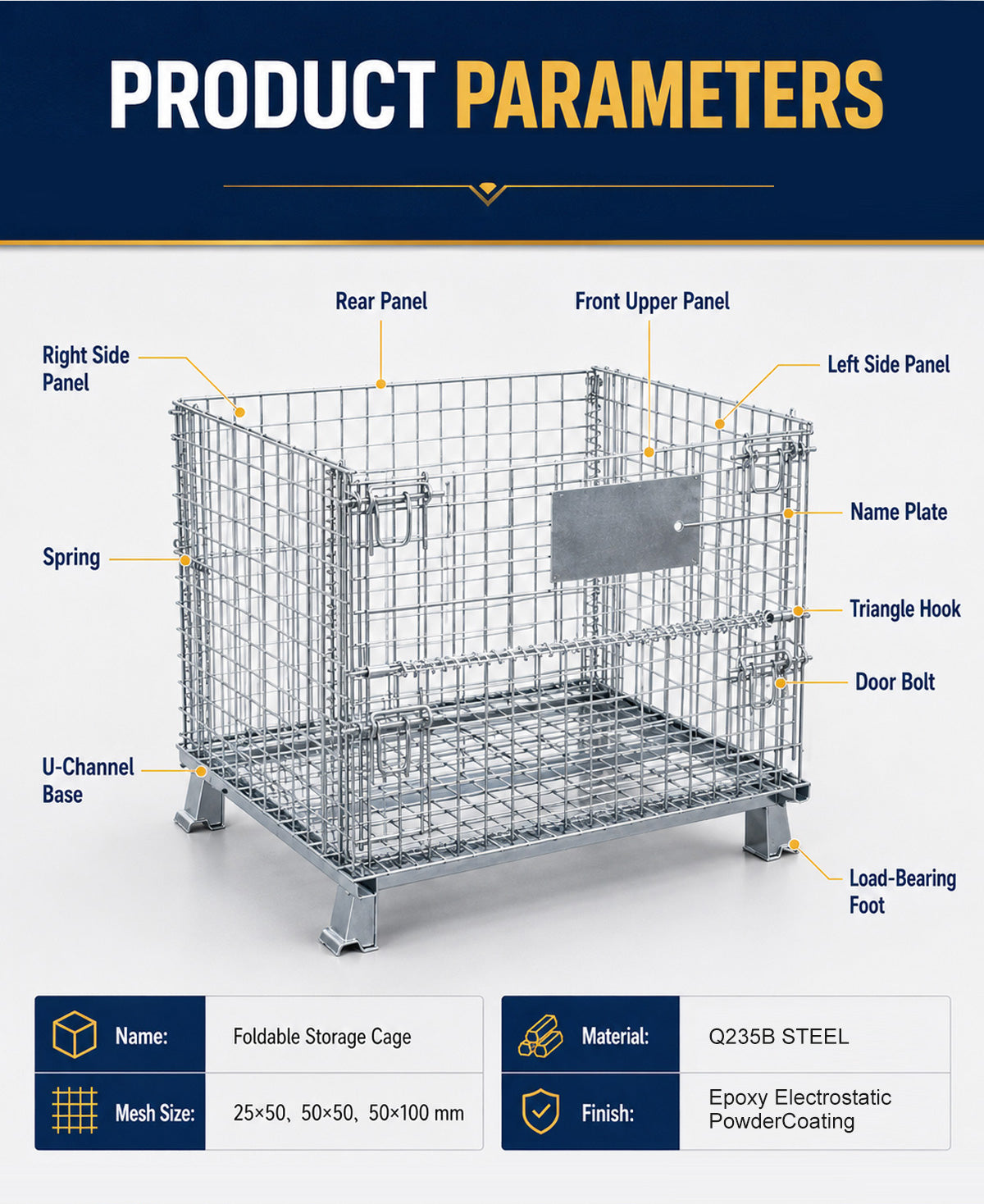 Rugged 1000kg Cage Storage Collapsible Static Coating for Technical Logistics Hub Warehouse Management