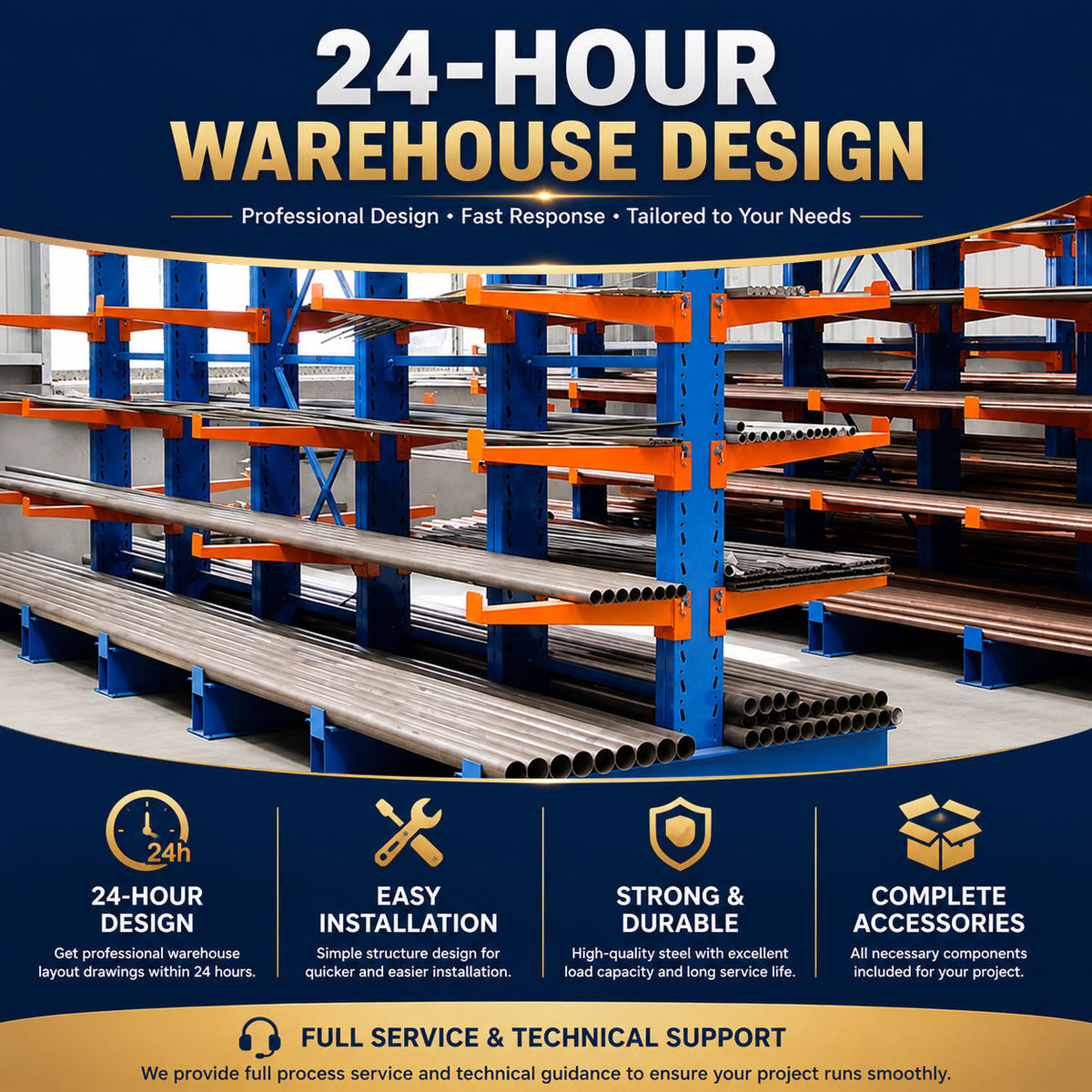 Prefabricated Cantilever Racking System Large Load for Industrial Pipe and Steel Trade Distribution Center