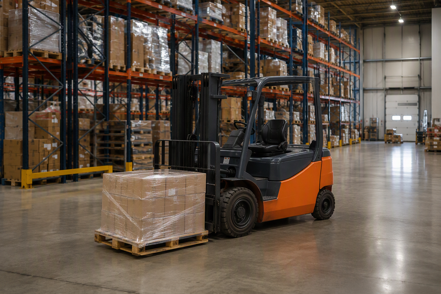 Warehouse handling equipment moving a pallet in an industrial warehouse
