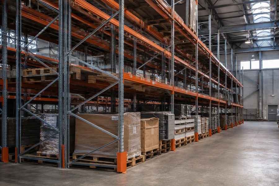 Heavy-duty pallet racking in an industrial warehouse