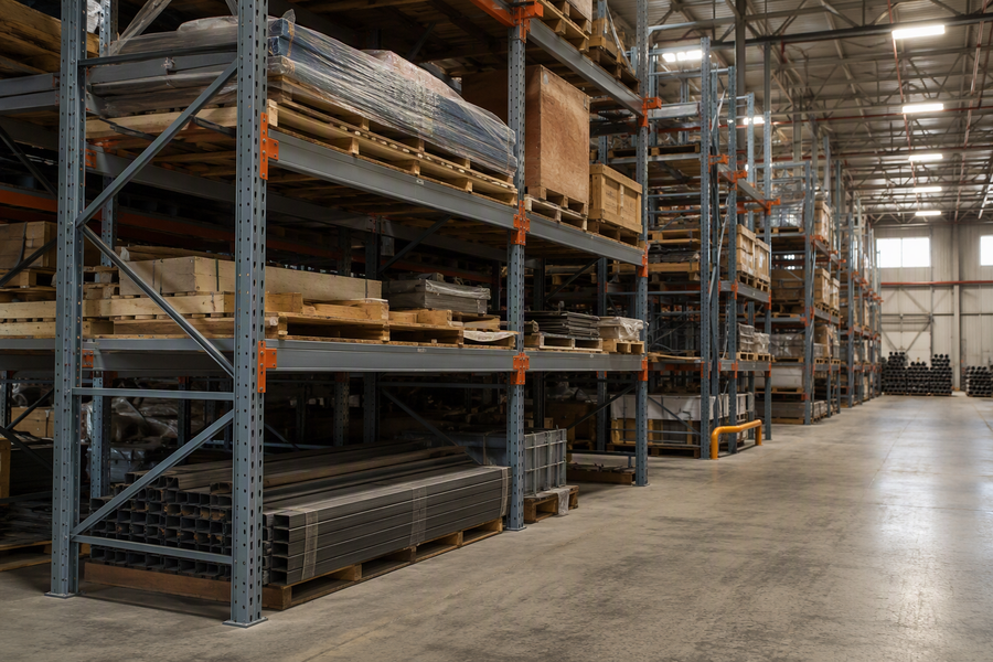 Heavy-duty storage racks in an industrial warehouse